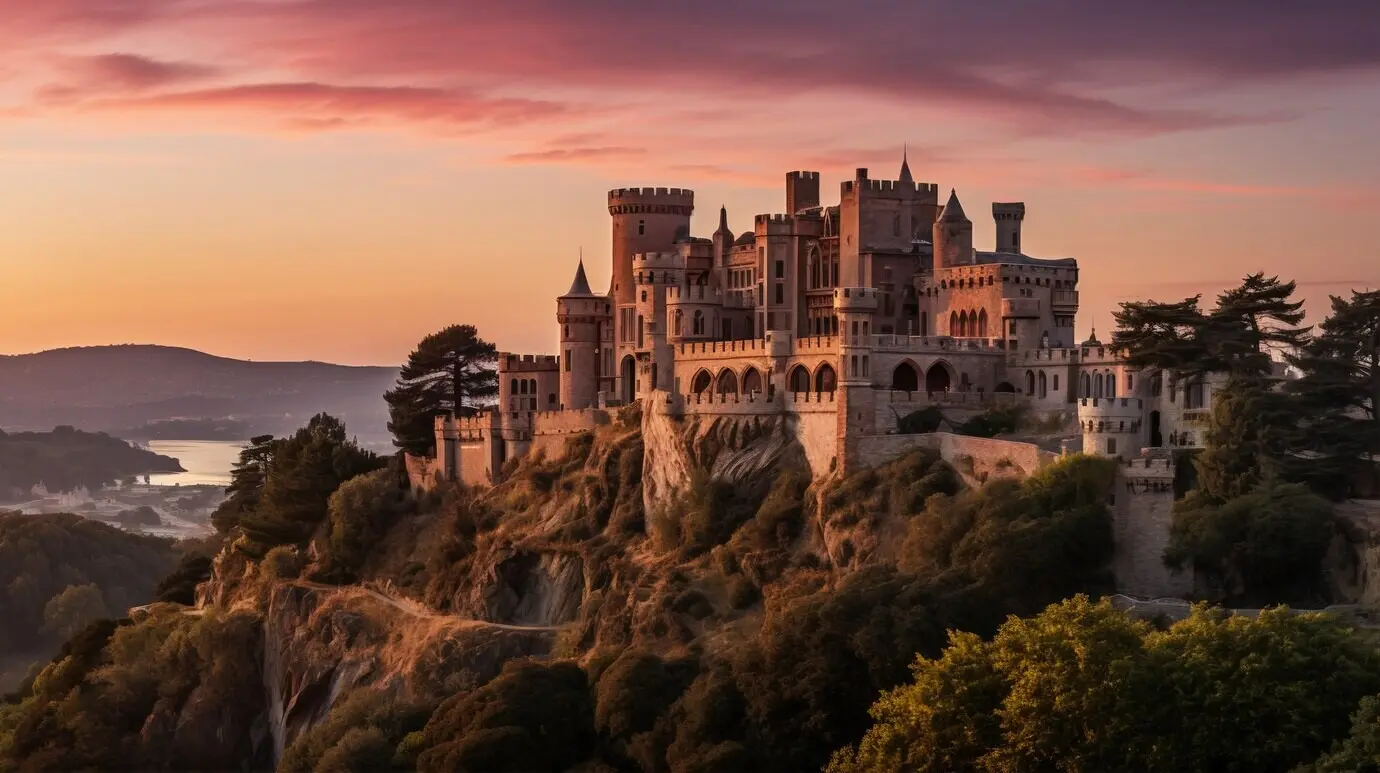Blick auf ein Schloss in einer Naturlandschaft